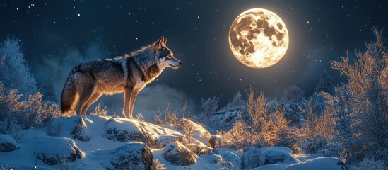 Wall Mural - A lone wolf stands on a snowy mountain, gazing up at a full moon in the night sky.