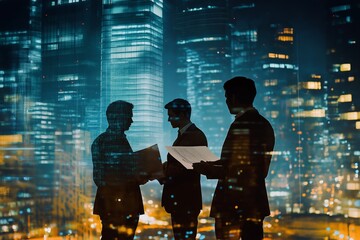 Poster - A business meeting occurs in a modern urban setting where professionals discuss essential topics that promote collaboration, innovation, and sustainable growth in the corporate landscape