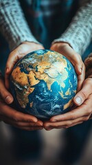 Wall Mural - Diverse hands holding a globe, representing global unity and environmental responsibility.