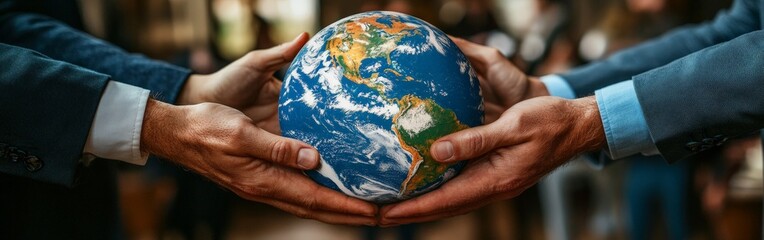 Wall Mural - Diverse hands holding a globe, representing global unity and environmental responsibility.