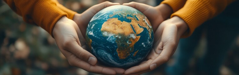 Wall Mural - Diverse hands holding a globe, representing global unity and environmental responsibility.