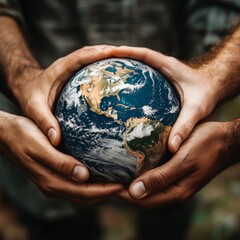 Wall Mural - Diverse hands holding a globe, representing global unity and environmental responsibility.