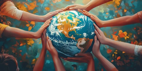 Wall Mural - Diverse hands holding a globe, representing global unity and environmental responsibility.