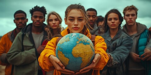 Wall Mural - Diverse hands holding a globe, representing global unity and environmental responsibility.