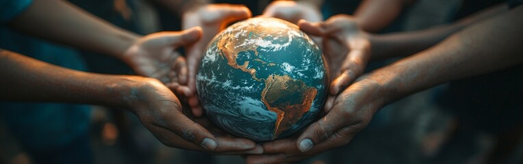 Wall Mural - Diverse hands holding a globe, representing global unity and environmental responsibility.