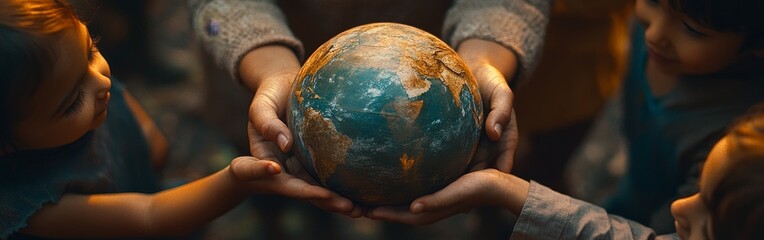 Wall Mural - Diverse hands holding a globe, representing global unity and environmental responsibility.