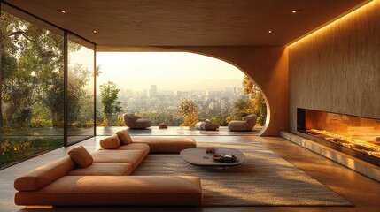 Wall Mural - Modern living room with large windows, fireplace, and city view.