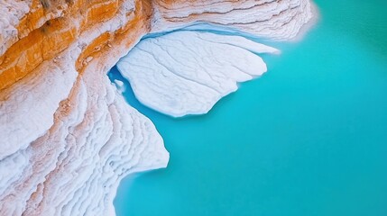 Wall Mural - Turquoise waters meet striking white salt formations in a stunning natural landscape, AI