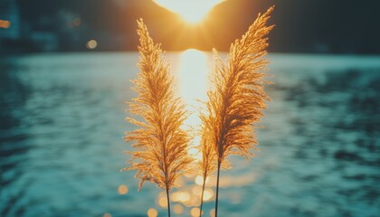 Wall Mural - Golden Hour on the River, Tranquil Sunset over Water with Reeds, Serene Nature Background