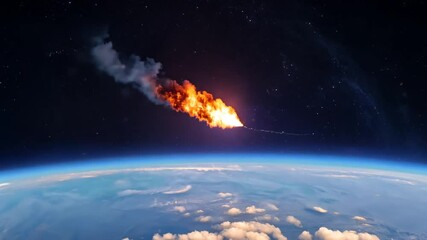 Poster - Meteor Entering Earth's Atmosphere With Fiery Trail and Clouds Below Generative AI
