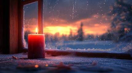 Poster - Candlelight through a Snowy Window with a Winter Sunset View