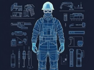 Poster - A builder engineer wearing a uniform and protective helmet, equipped with various construction instruments, depicted in thin line style vector illustrations. created by generative ai