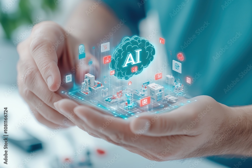 Hands holding digital network with ai brain hologram futuristic ...