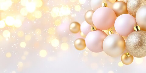 Wall Mural - Luxurious pink and gold Christmas baubles with sparkling lights and bokeh background, perfect for elegant festive decorations.