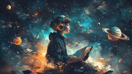 Wall Mural - cosmic child reading, boy, kid, book, headphones, space