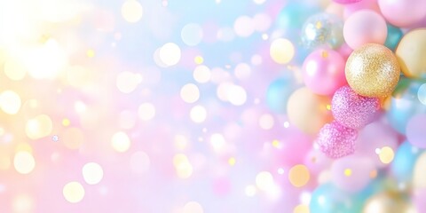 Wall Mural - Soft pastel bokeh effect with pink, blue, and gold glittering spheres in the foreground, creating a festive and dreamy atmosphere.