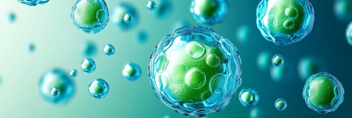 Poster - Microscopic View Green and Blue Spheres Representing Molecules, Energy, or Biology Concepts