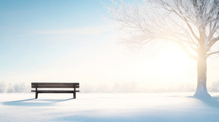 Wall Mural - solitary wooden bench in stunning winter scenery with icy tree and snow blanketed meadow during sunr