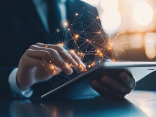 Poster - Businessman use tablet with global structure customer network technology, Data exchanges development. - ai generated
