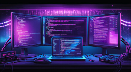 Poster - A dark desk with three monitors, one laptop, and a keyboard. The monitors and laptop are displaying code, lit by pink and blue lights