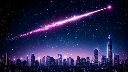 Wall Mural - cityscape with shooting star at night, stars, meteor, comet, night sky, galaxy