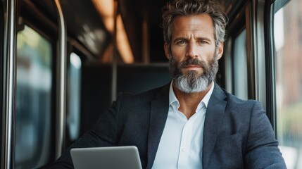 A bearded man in a stylish suit works intently on his laptop while traveling on a modern train, exemplifying productivity and focus during a journey.