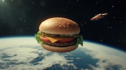 space burger: a juicy cheeseburger floats above earth, a spacecraft streaks across the cosmos in thi