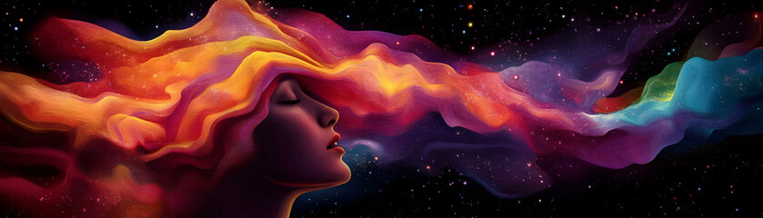 Wall Mural - cosmic woman a dreamlike portrait, nebula, galaxy, stars, space, hair