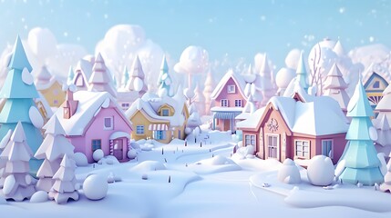 Poster - A 3D low poly winter scene of a small village with pastel color houses  AI generated illustration