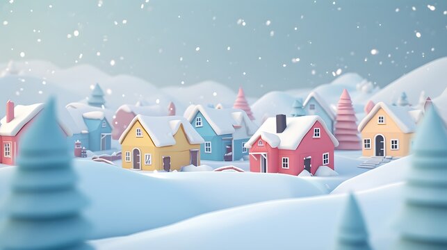 A 3D low poly winter scene of a small village with pastel color houses  AI generated illustration