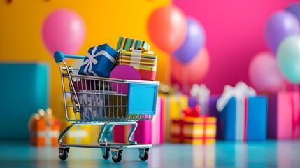 Poster - A joyful and vibrant image featuring a shopping cart filled with colorful gift boxes creating a lively and festive ambiance for a sale event  AI generated illustration