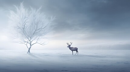 Poster - A lone silver reindeer silhouette on an empty winter landscape AI generated illustration