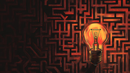 Background an intricate maze where the path leads to a lightbulb. Enigma. Illustration