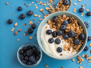 Poster - A bowl of creamy yogurt, topped with crunchy granola and plump blueberries, ready for a healthy start.