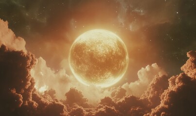 Wall Mural - image of a planet with a glowing atmosphere surrounded by clouds of gas and stars in a deep space se
