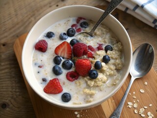 Poster - A vibrant bowl of oatmeal, bursting with fresh blueberries, strawberries, and raspberries.  A perfect start to the day.
