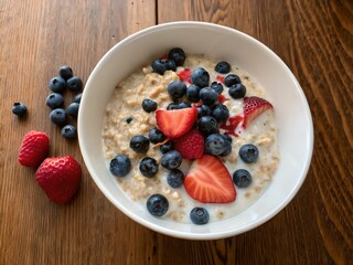 Poster - A vibrant bowl of oatmeal, bursting with fresh blueberries, strawberries, and raspberries.  A perfect start to the day.