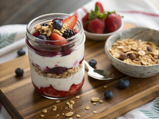 Poster - Layers of creamy yogurt, sweet berries, and crunchy granola, a vibrant breakfast delight.