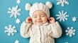 © Maria Starus - Smiling baby in cozy knitwear surrounded by snowflakes on a blue background, AI