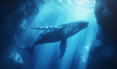 Wall Mural - Majestic Humpback Whale Glides Through the Ethereal Depths of the Vibrant Underwater World