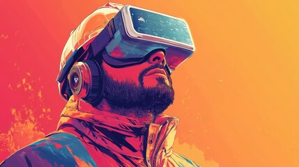 Poster - A man wearing a VR headset looks upwards with a futuristic, cyberpunk aesthetic.