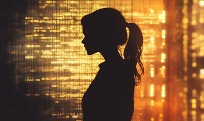 Wall Mural - Silhouette of a Woman in a Room of Data