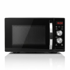 Sleek black microwave oven with digital display and rotary controls