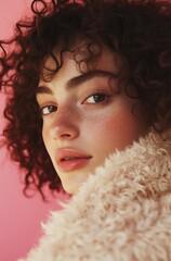 A woman with curly hair is wearing a white fur coat