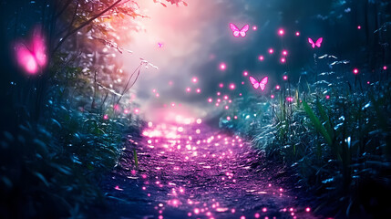 Wall Mural - Moonlit enchanted forest path, pink fireflies glowing and sparkling, casting a magical aura, warm light gently touching the foliage, serene and mystical. Enigma. Illustration