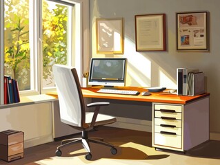 Poster - workplace room, modern interior, cabinet. office with computer. colorful vector illustration in flat
