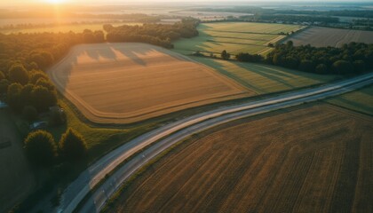 Wall Mural - An aerial view captures the serene beauty of golden fields bathed in the warm glow of sunset, with a winding road gracefully cutting through the landscape. The vibrant hues of amber and green create a