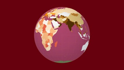 Poster - Spinning planet. Normal sphere view. Moderate speed Earth rotation. Colored countries style. World map with sparse graticule lines on dark background. Juicy animation.
