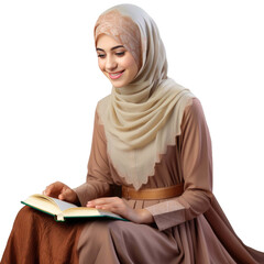 Islamic woman university student smiling happily isolated on a white transparent background