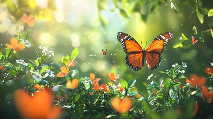 Wall Mural - butterflies flying over a sunlit flower garden